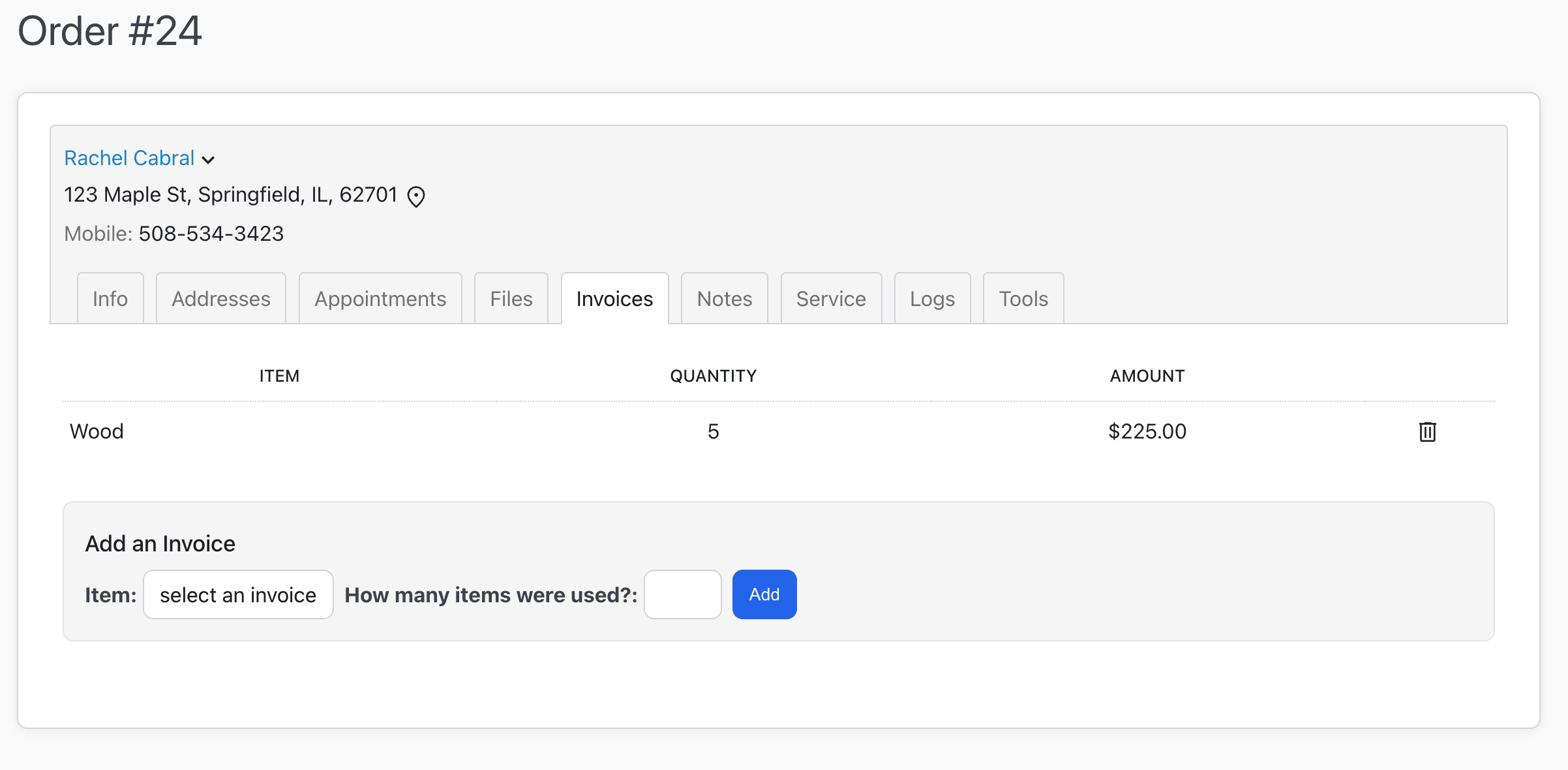 Invoice items added to an order.